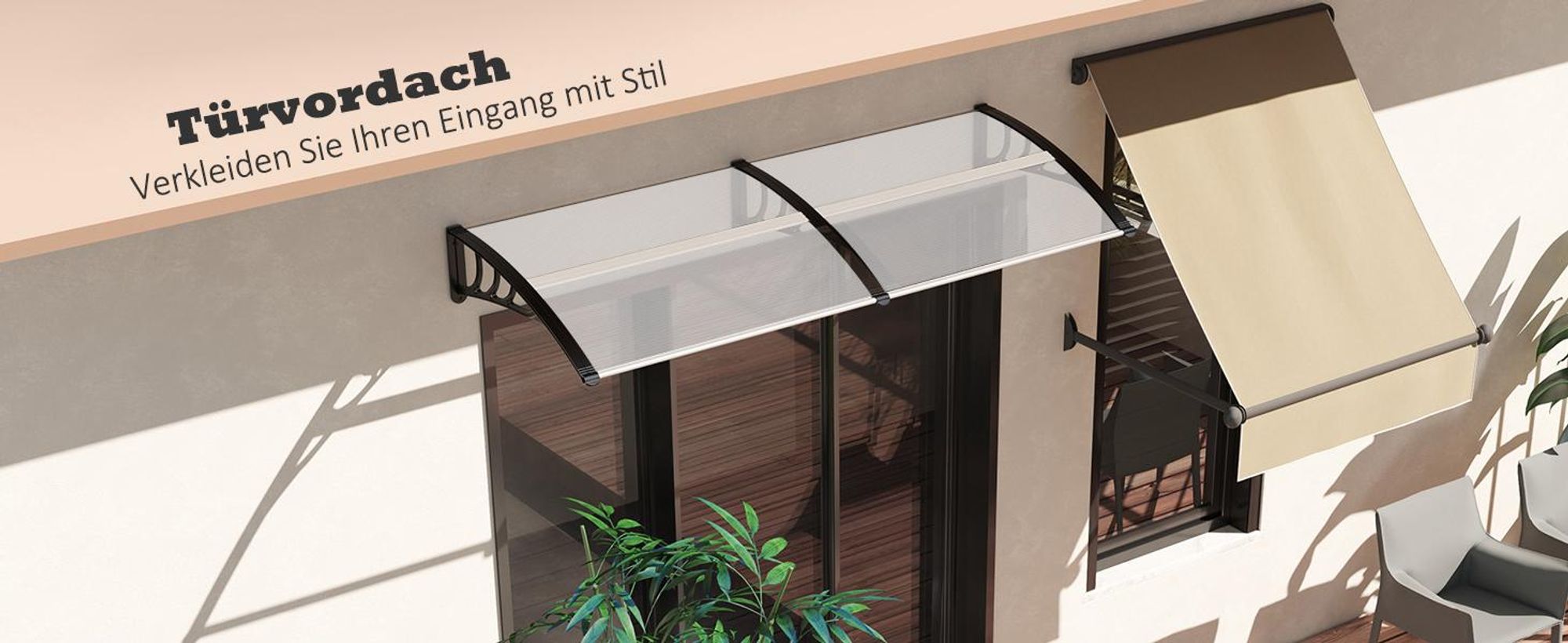 Outsunny Pultvordach Vordach für Haustür 75x195x23 cm Überdachung 5mm Polycarbonat Sonnenschutz Regenschutz für draußen Alu Transparent
