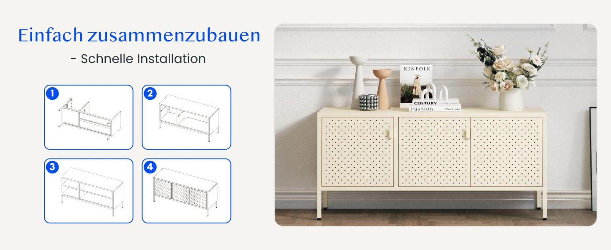 FLEXISPOT TV Schrank Metall – Sideboard mit Lüftungslöchern, 3 Türen & verstellbaren Füßen für Wohnzimmer, Büro, Schlafzimmer, 118x39x55 cm, Gelb