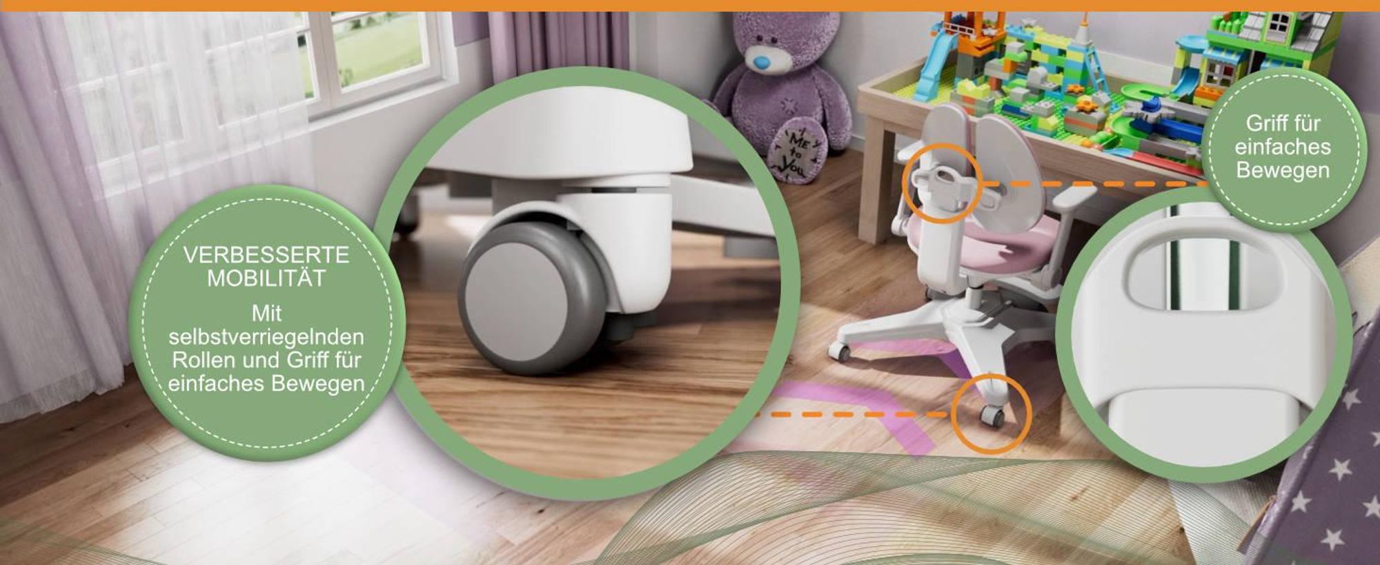 HOKO Kinderstuhl höhenverstellbar, für Kinder ab 6 Jahren, vielseitig verstellbar mit Fußstütze, Schmetterlings-Rückenlehne, Rollen, Grün, ANTON