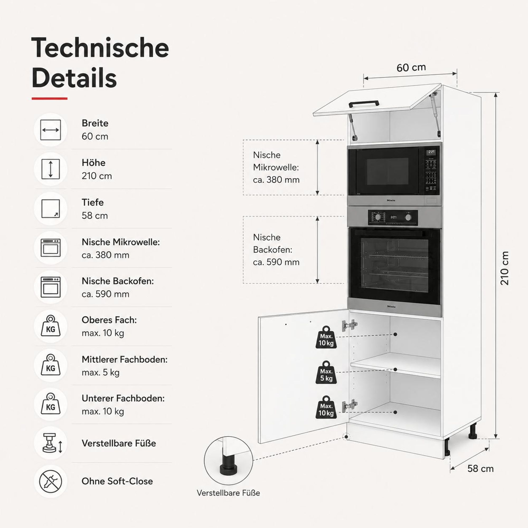 Hochschrank Backofen & Mikrowelle Mattweiß: Integriert in einer modernen Küche.