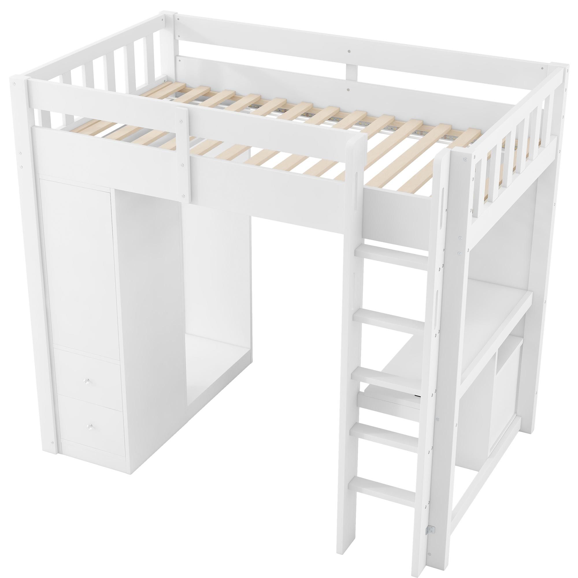 Flieks Etagenbett 90x200cm mit Schreibtisch und Ladefunktion, Hochbett mit Kleiderschrank und Schubladen, Jugendbett Kinderbett mit Led, Weiß