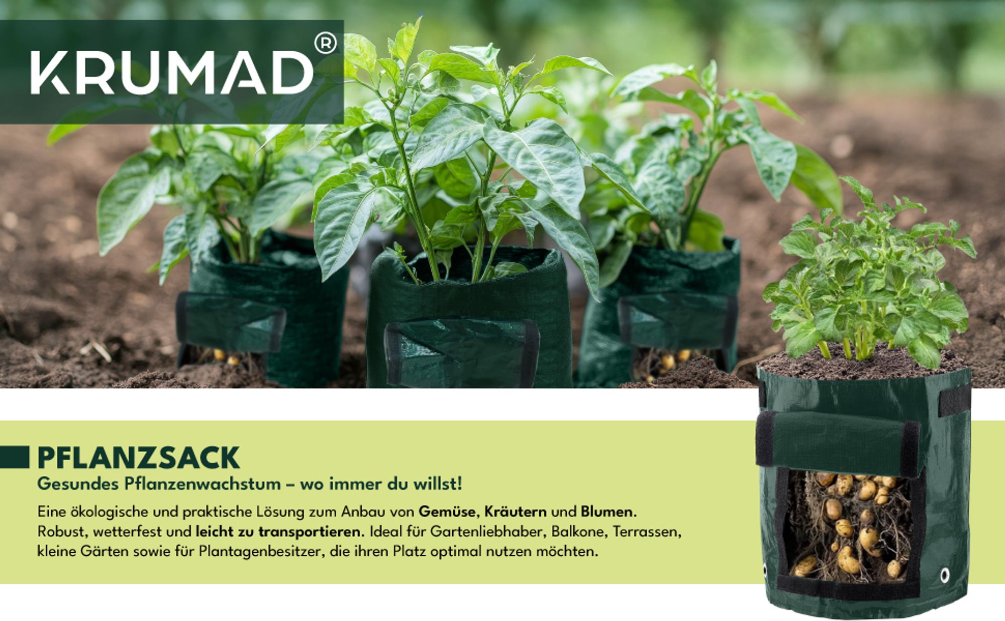 KRUMAD Pflanzsack 26L 35x34 cm Griffen UV beständig Wiederverwendbar Pflanztasche für Kartoffeln Gemüse Kräuter