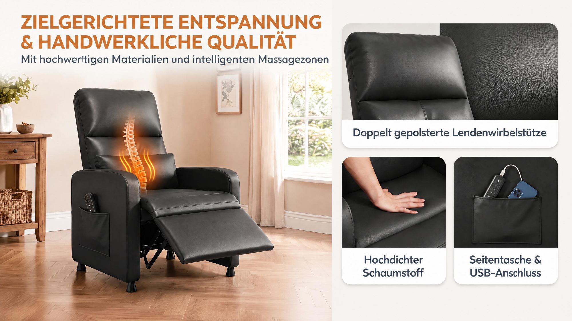 Fernsehsessel Elektrisch mit Liegefunktion, Massagesessel mit Wärmefunktion, Elektrischer Relaxsessel mit Massage, TV Sessel 90°–150° verstellbar