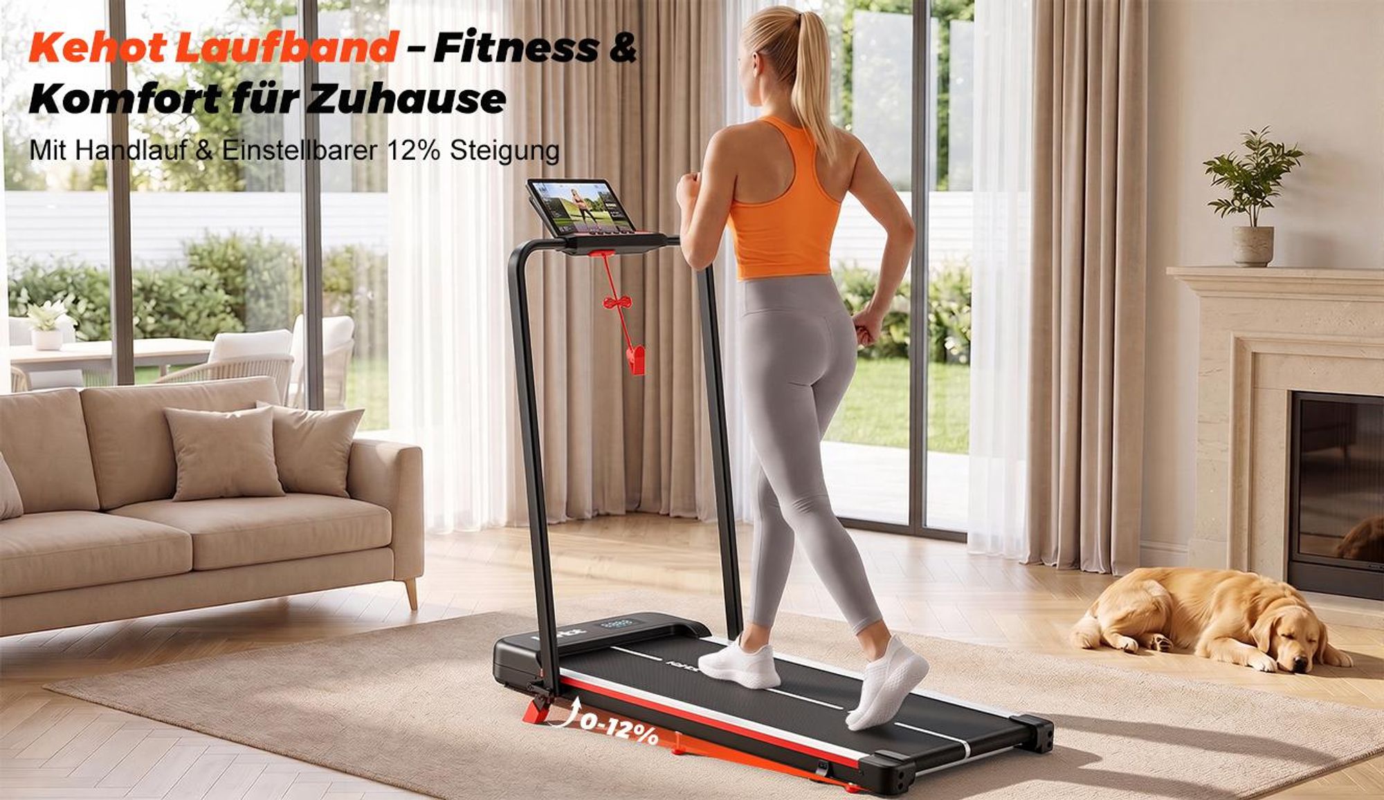 4-in-1 Laufband klappbar, 1–12 km/h, 12% Steigung, 120 kg ,App-Steuerung, LED Display,für Zuhause