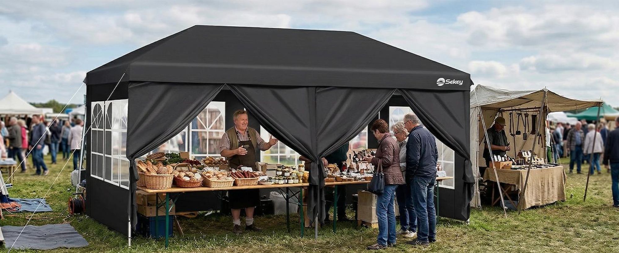 Sekey Faltpavillon 3x6 m wasserdicht UV50+ Gartenpavillon Partyzelt mit 6 Seitenteilen höhenverstellbar, Schwarz