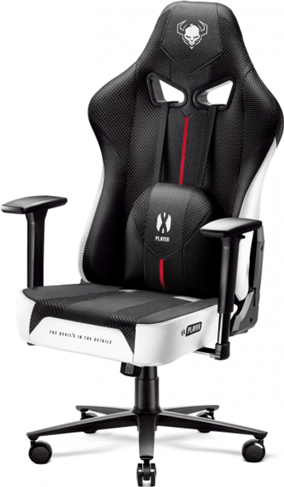 Diablo X-Player Gaming Stuhl Bürostuhl Schreibtischstuhl Stoff 3D Armlehnen Ergonomisch Nacken/- Lendenkissen Farbe: Weiß-Schwarz, Größe Normal