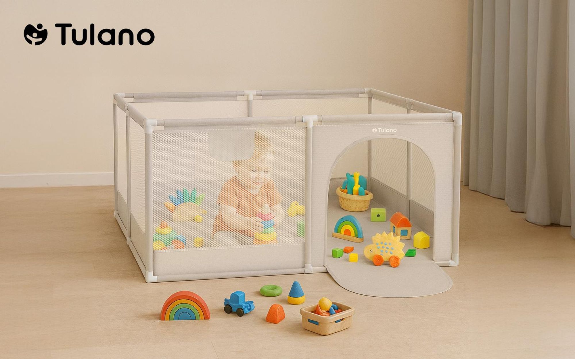 Tulano Cozy 20 Laufstall mit Boden für Kinder, Indoor & Outdoor, Metallrahmen, Netzseiten, rutschfeste Füße, Beige