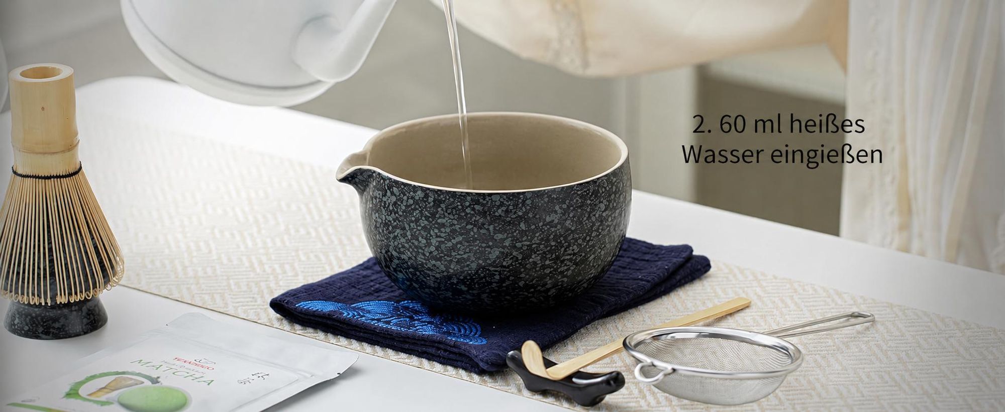 Matcha Set, 7-tlg. Komplettset, Matcha Schale mit Ausgießer, Bambus Besen, Zubehör für Matcha Zeremonie, Naturmaterialien, Geschenkidee