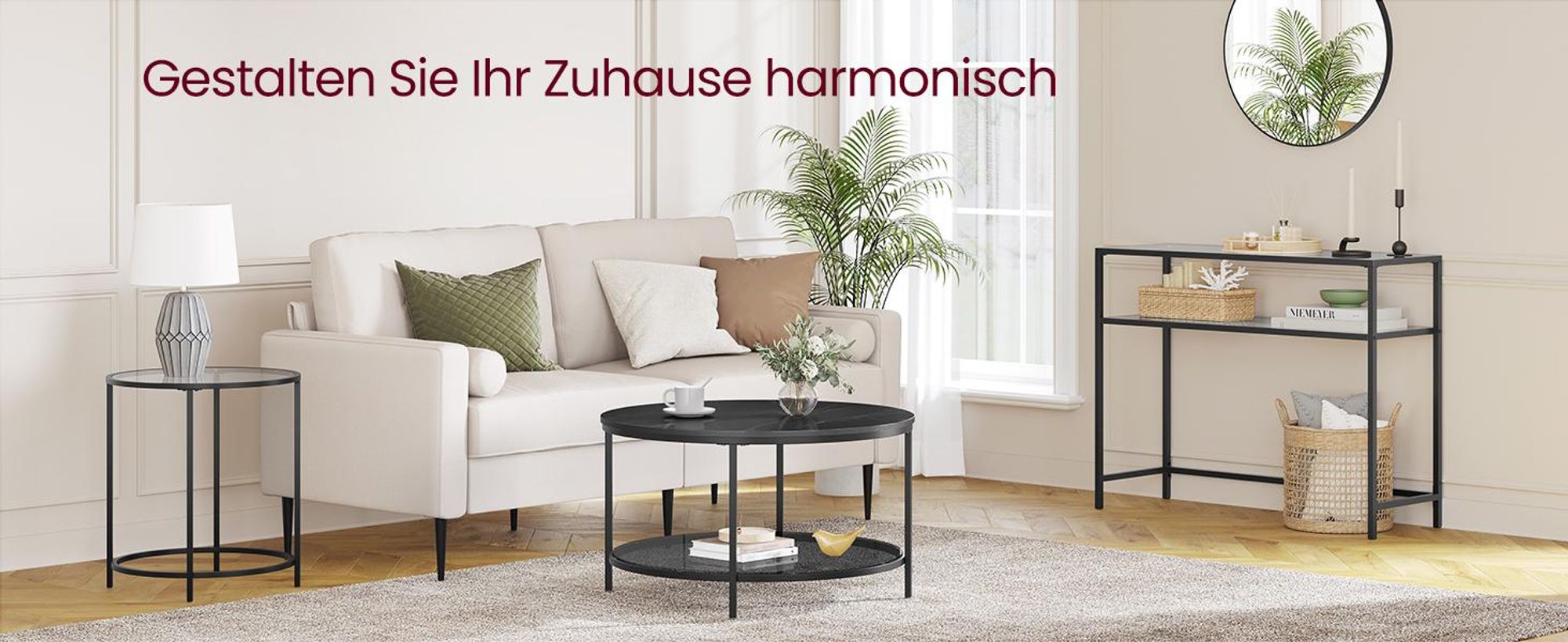 VASAGLE Couchtisch, Wohnzimmertisch, moderner Stil, 80 x 46 cm (Ø x H), Marmorschwarz-Tintenschwarz