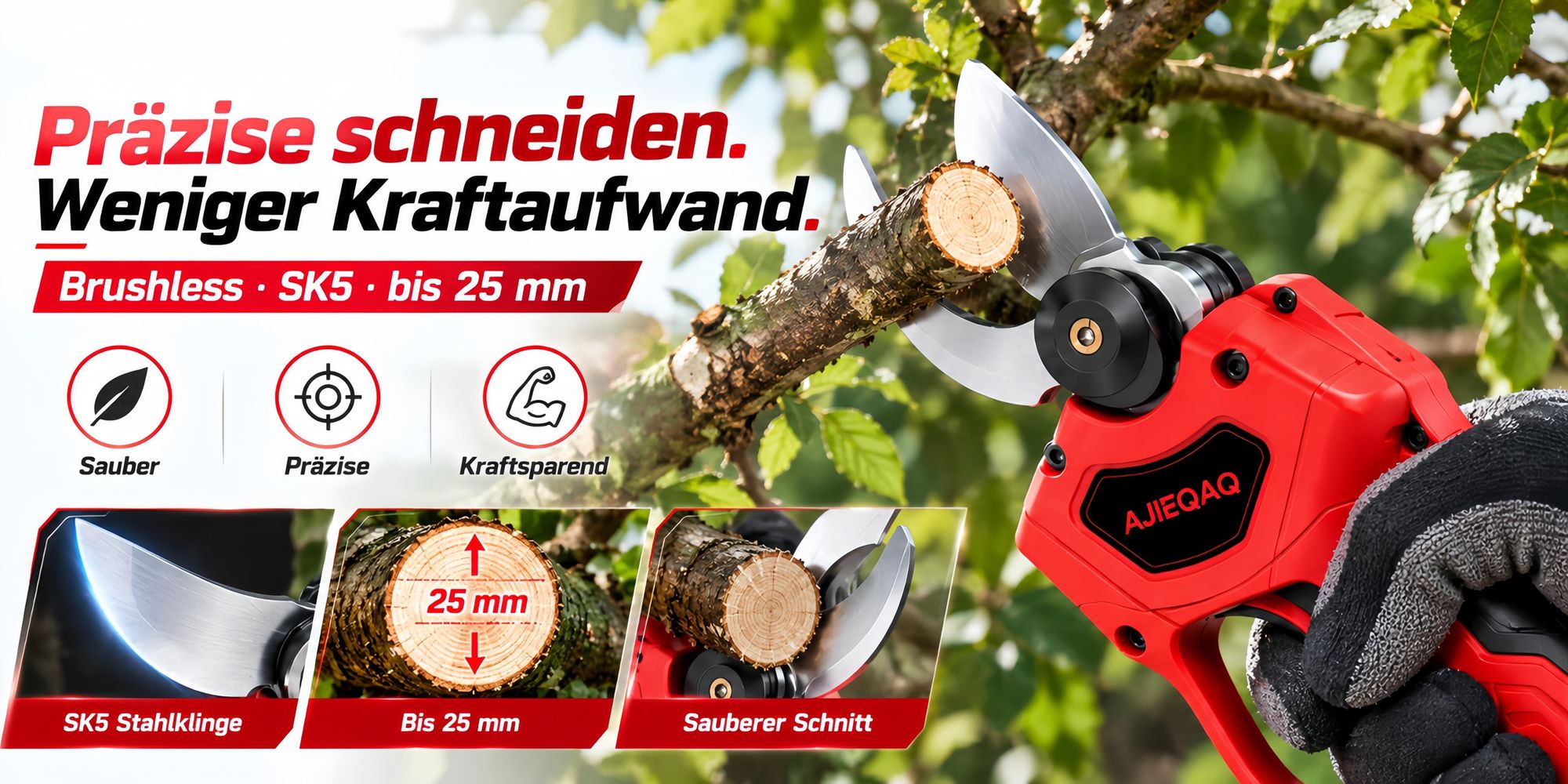 21V 2-in-1 Akku Gartenschere & Mini Kettensäge, Brushless Akku Astschere/Baumschere, 25 mm SK5, 6 Zoll Akku Kettensäge, 2×2,0Ah Akkus