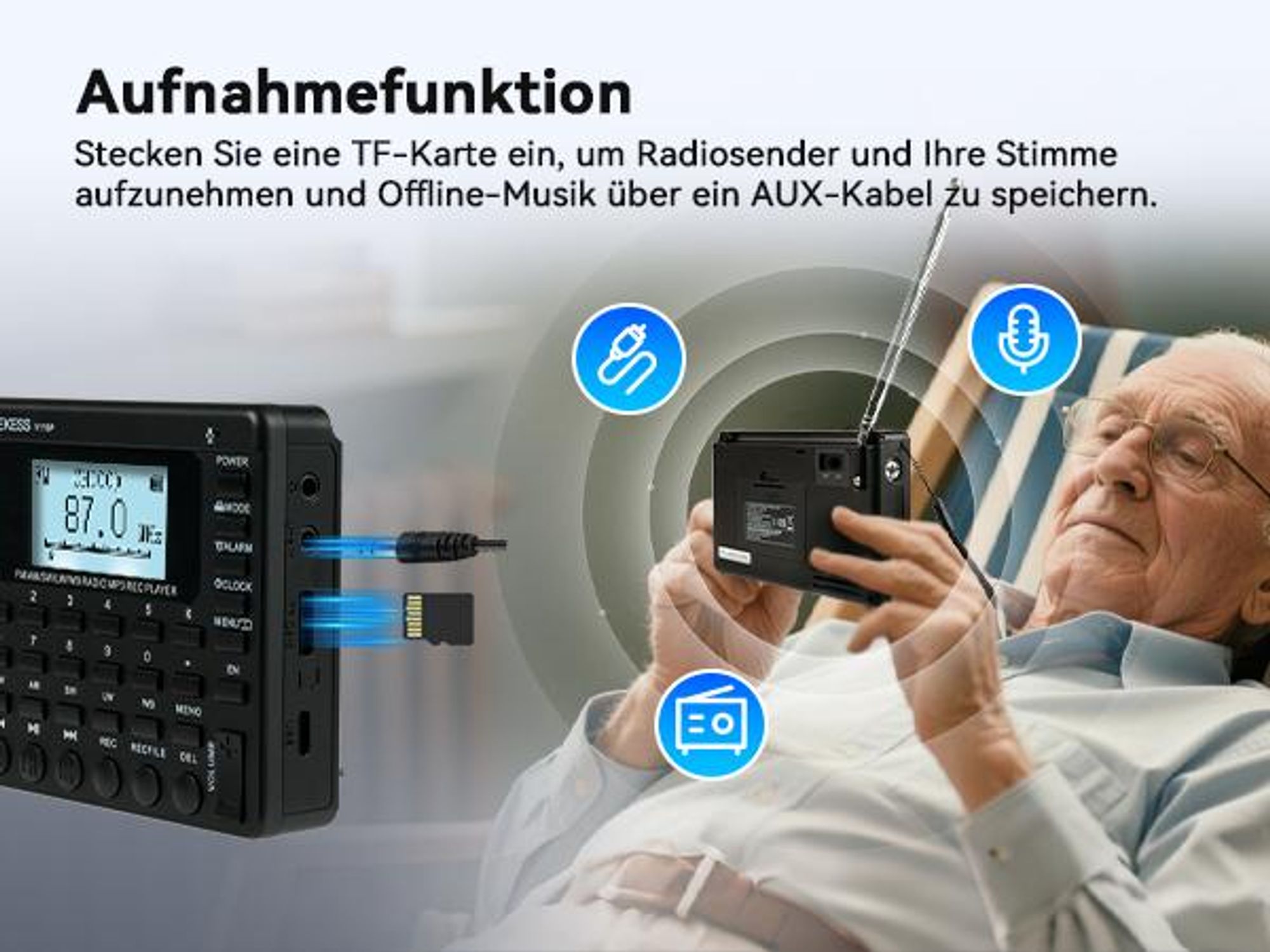 Retekess V115P Tragbares Digitales Radio, AM FM SW LW WB, 1800mAh, Taschenlampe, TF/AUX, Aufnahme, Taschenlampe, Sleep-Timer,für Notfälle, Camping