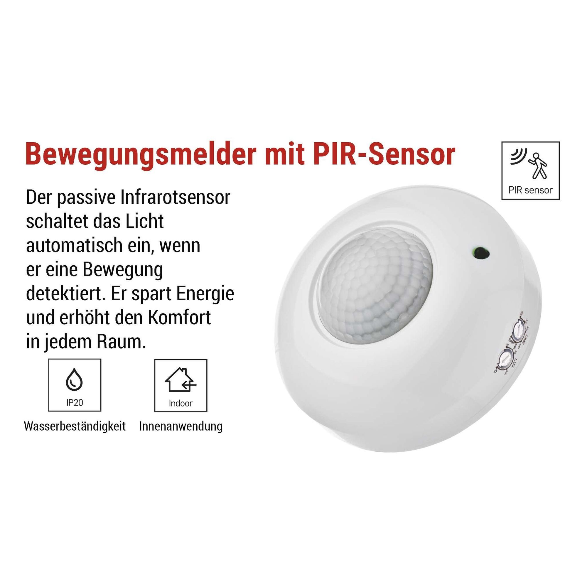 EMOS Infrarot-Bewegungsmelder Aufputz für Innen, Reichweite 3m, Erfassungsbereich 6m/360°, einstellbare Leuchtdauer und Empfindlichkeit, Weiß, GS11111