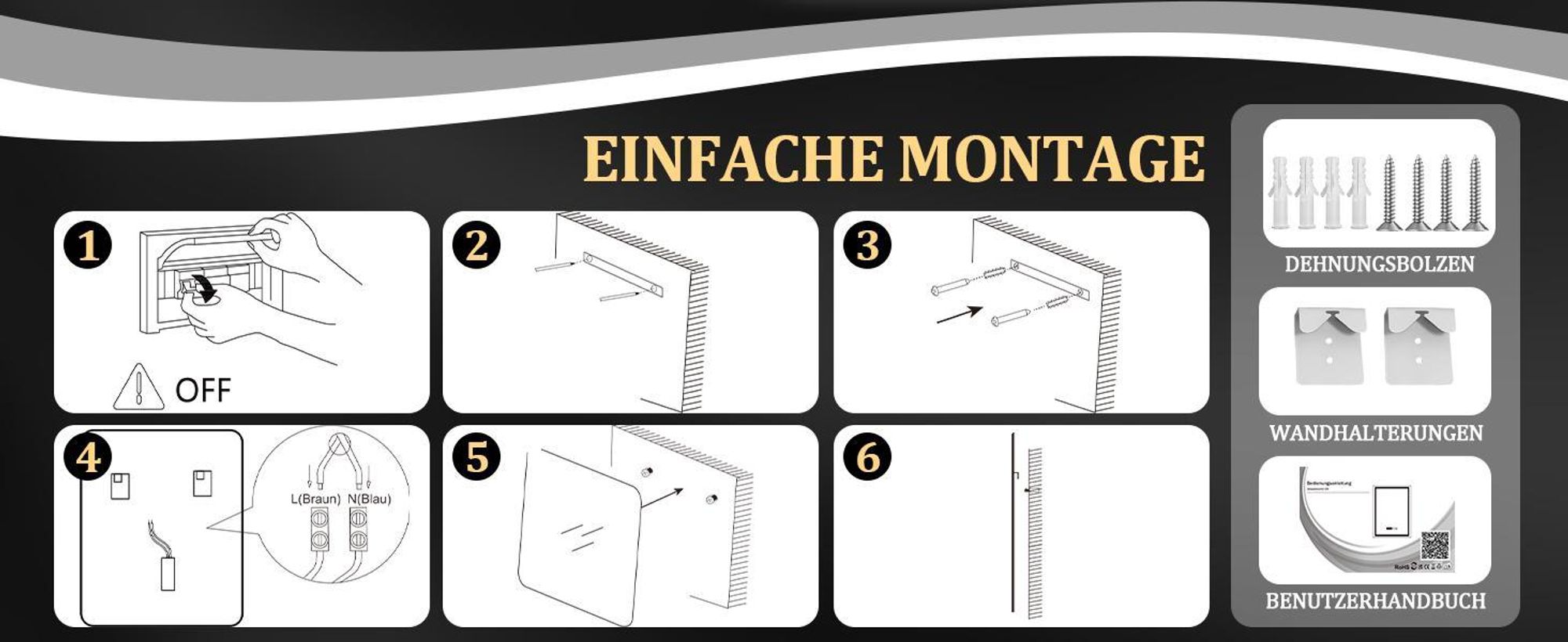 ZMH LED zrcadlová lampa Stmívatelná s osvětlením Zrcadlo 50x70cm Nástěnné zrcadlo Dotykový spínač Hodiny Funkce odmlžování Osvětlené zrcadlo 3000K-6500K pro koupelny