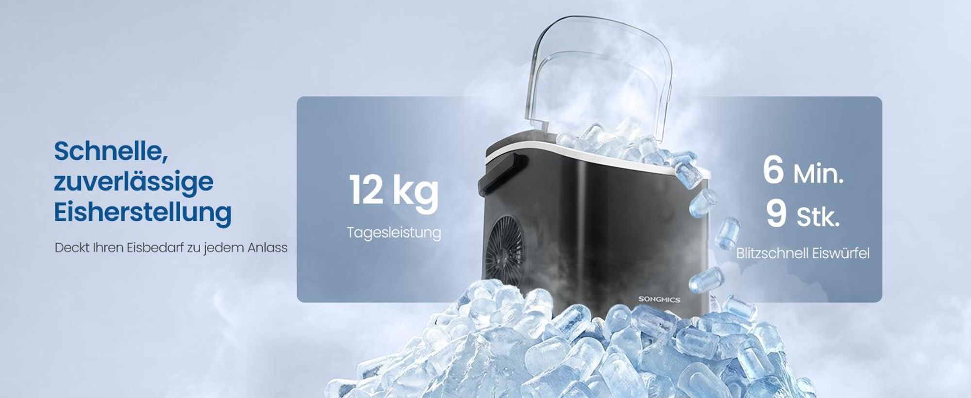 SONGMICS Eiswürfelbereiter tragbar, Eiswürfelmaschine mit Selbstreinigung, 2 Würfelgrößen, für Küche, Camping, Party, schwarz