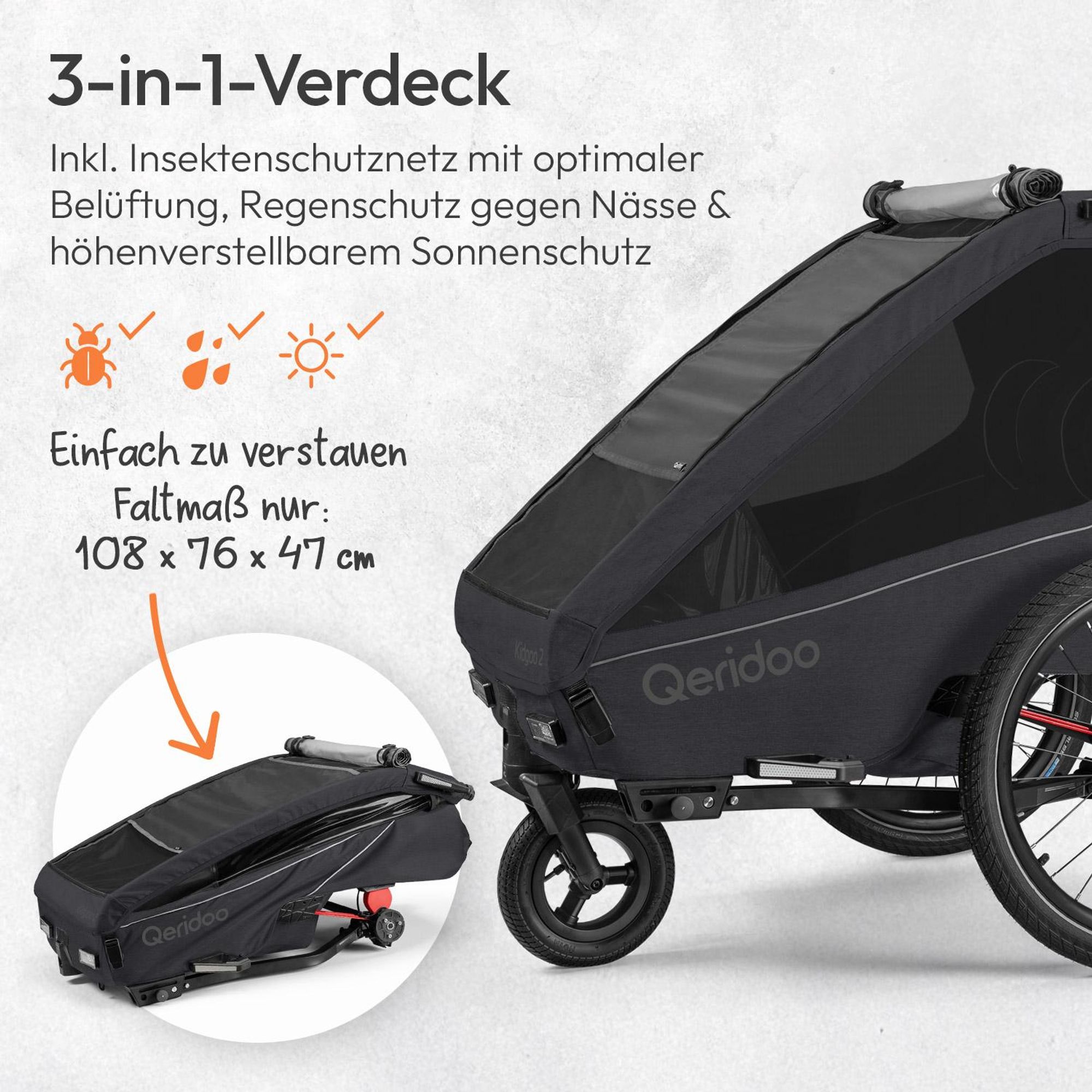 Qeridoo Kidgoo 2 - Kinderfahrradanhänger für 2 Kinder, Farbe: Phantom Grey