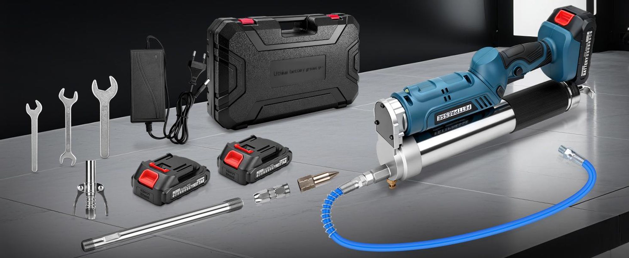 Akku Fettpresse 2-in-1 Elektrische Schmierpistole 12000 PSI mit 2 Akkus, 3 Düsen, Bürstenloser Motor, 100cm Flexschlauch, LED-Licht, 600g Kapazität