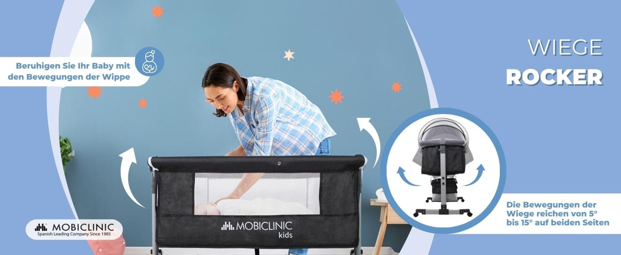 Babywiege 3 in 1, Babybett, Mobiclinic Wiege, Verstellbares Beistellbett, 87 x 58-66 x 81-76 cm, mit Rollen und Matratze, Höhenverstellbar in 3  Night