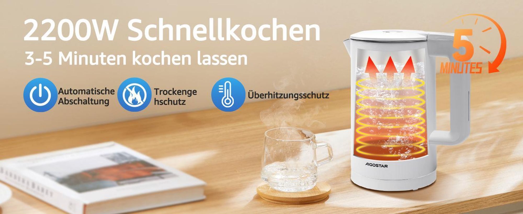Aigostar Smart Glas-Wasserkocher 1,7L: WLAN & Alexa, 40°C-100°C Temperaturwahl, Innen 100% Edelstahl (Plastikfrei), Strix-Kontrolle, Weiß