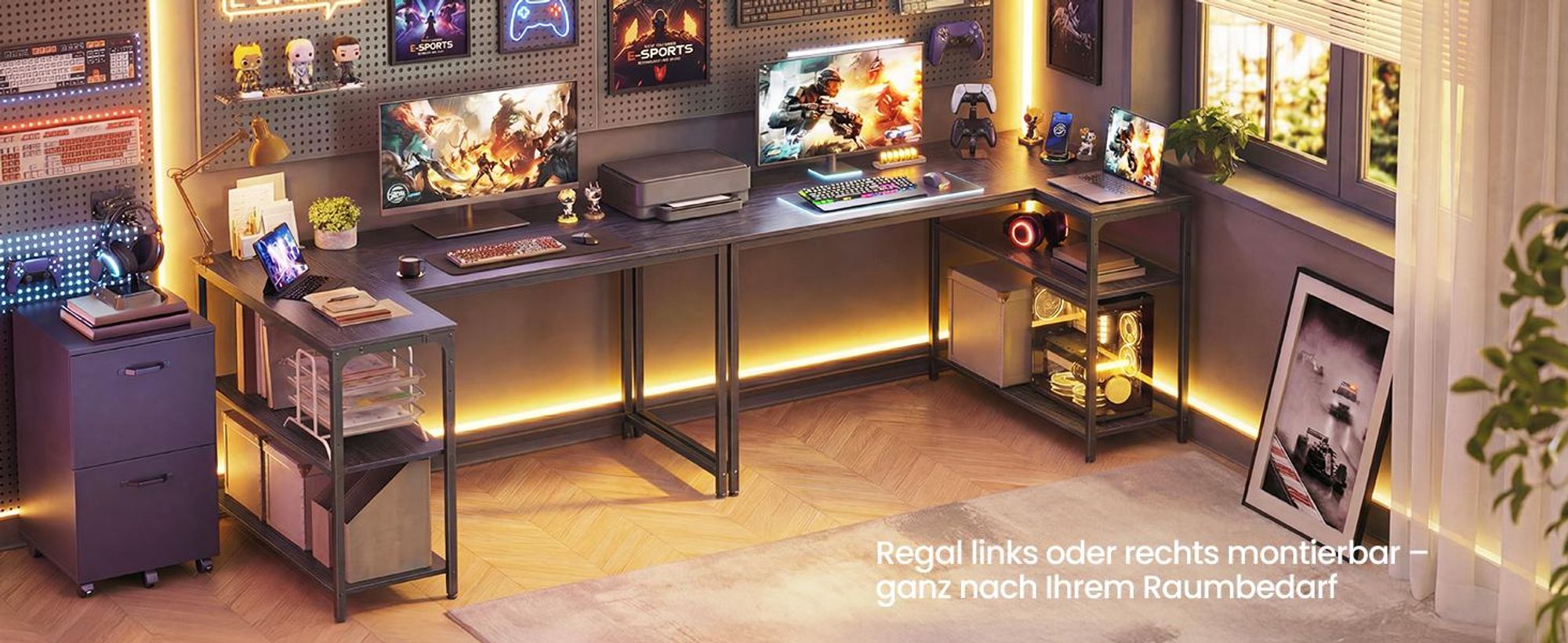 VASAGLE Schreibtisch mit Stauraum, L-Form Computertisch, höhenverstellbare Ablage, Büro, 120 x 80 cm, schwarz