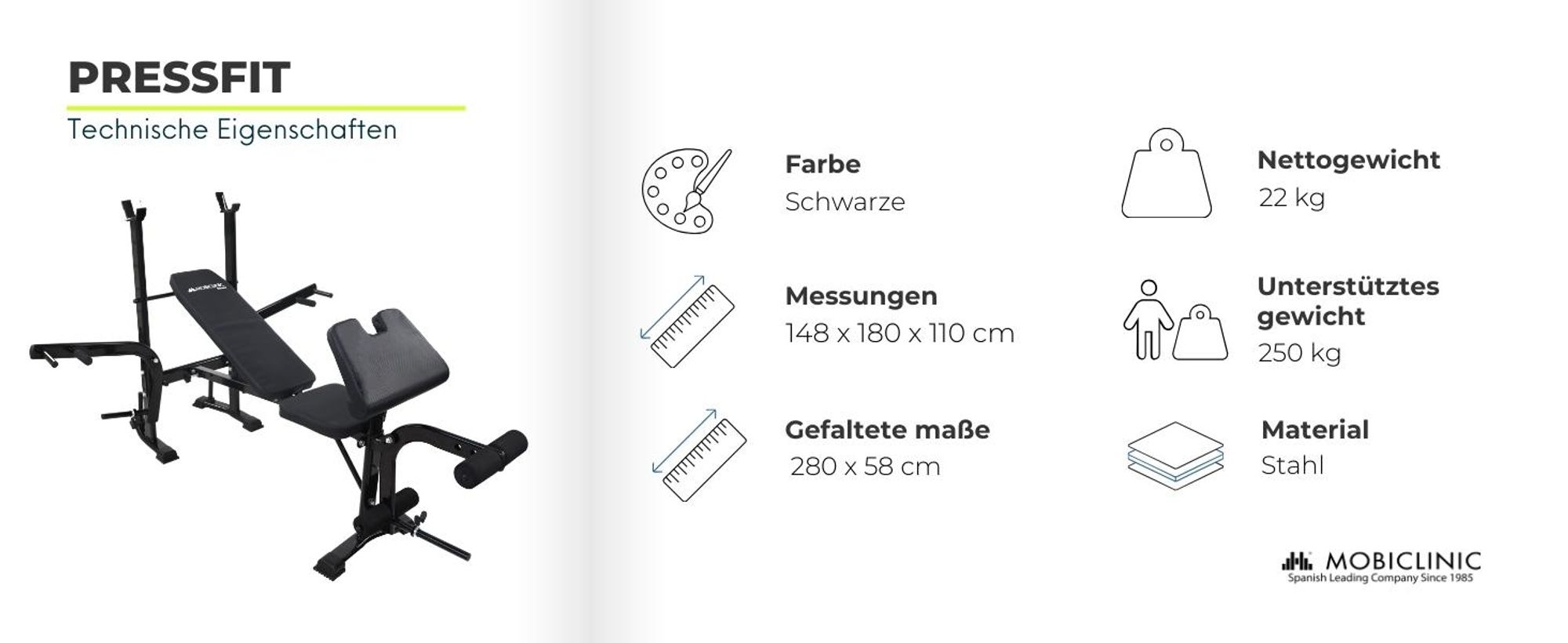 Mobiclinic Multifunktionale Trainingsbank Hantelbank verstellbar Pressfit Verstellbar klappbar Stahl Belastbar bis 250 kg Unterstützung für Stangen