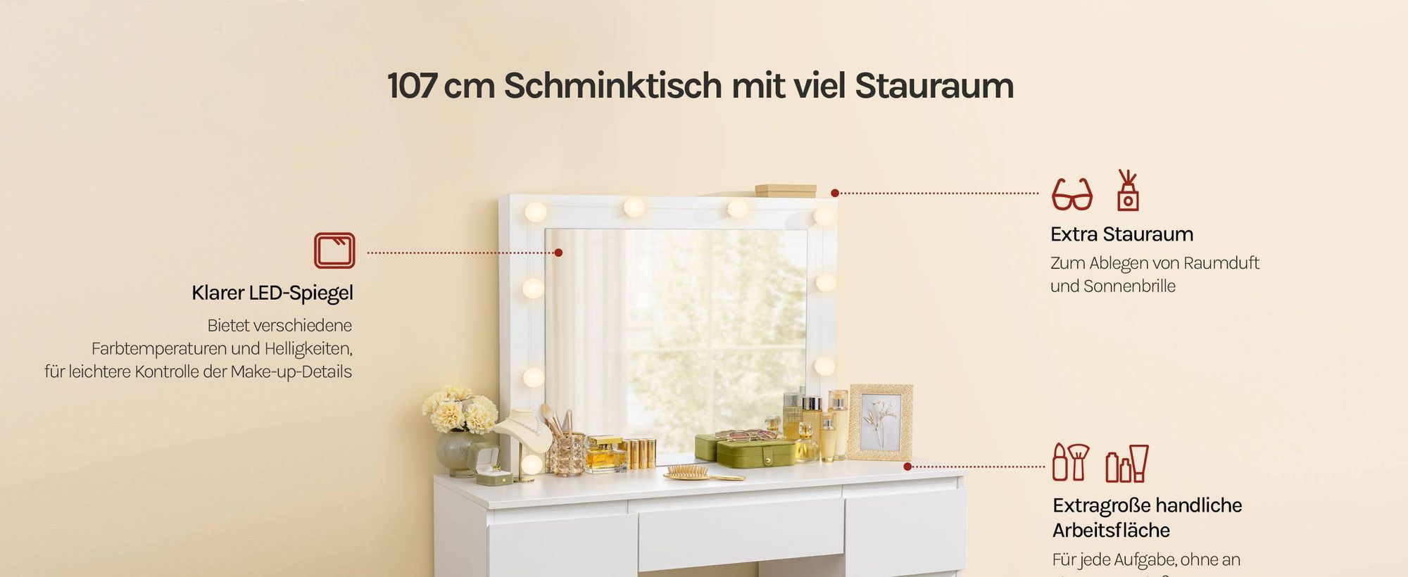 WOLTU Schminktisch mit LED-Beleuchtung, einstellbare Helligkeit, Weiß