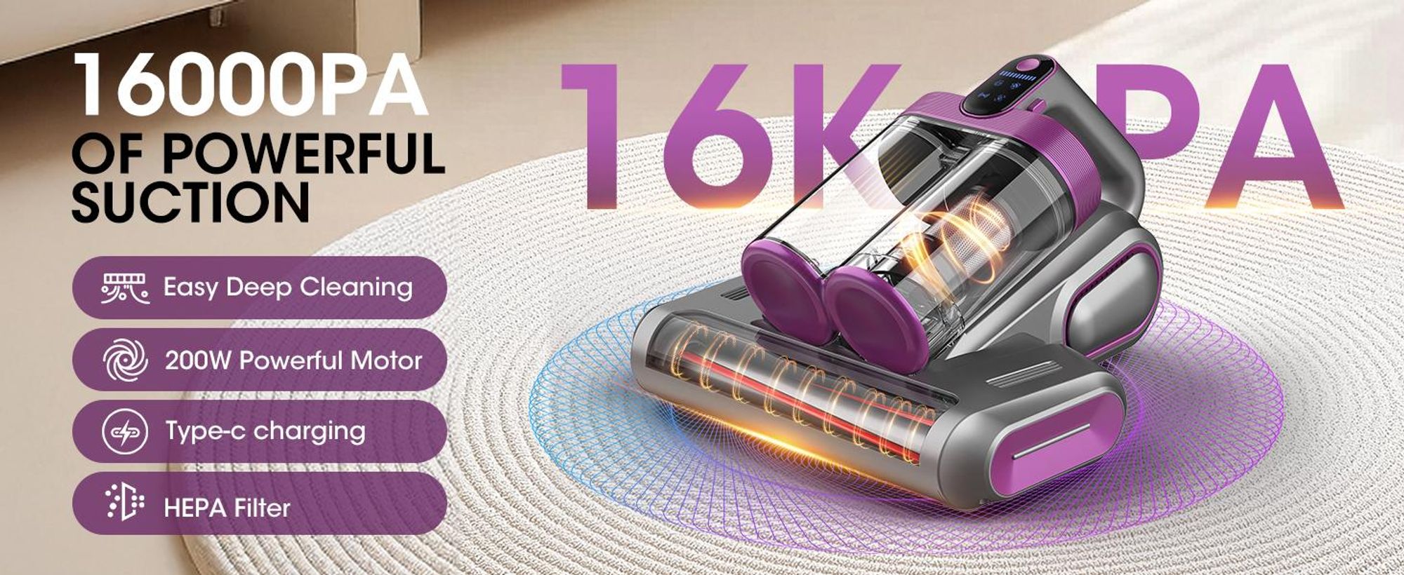 Kabelloser Matratzenstaubsauger, 16000 pa Bettsauger mit 253,7 nm UV-C-Licht, HEPA-Filter und Ultraschall, Ultraschall-Technologie & Hepa-Filter