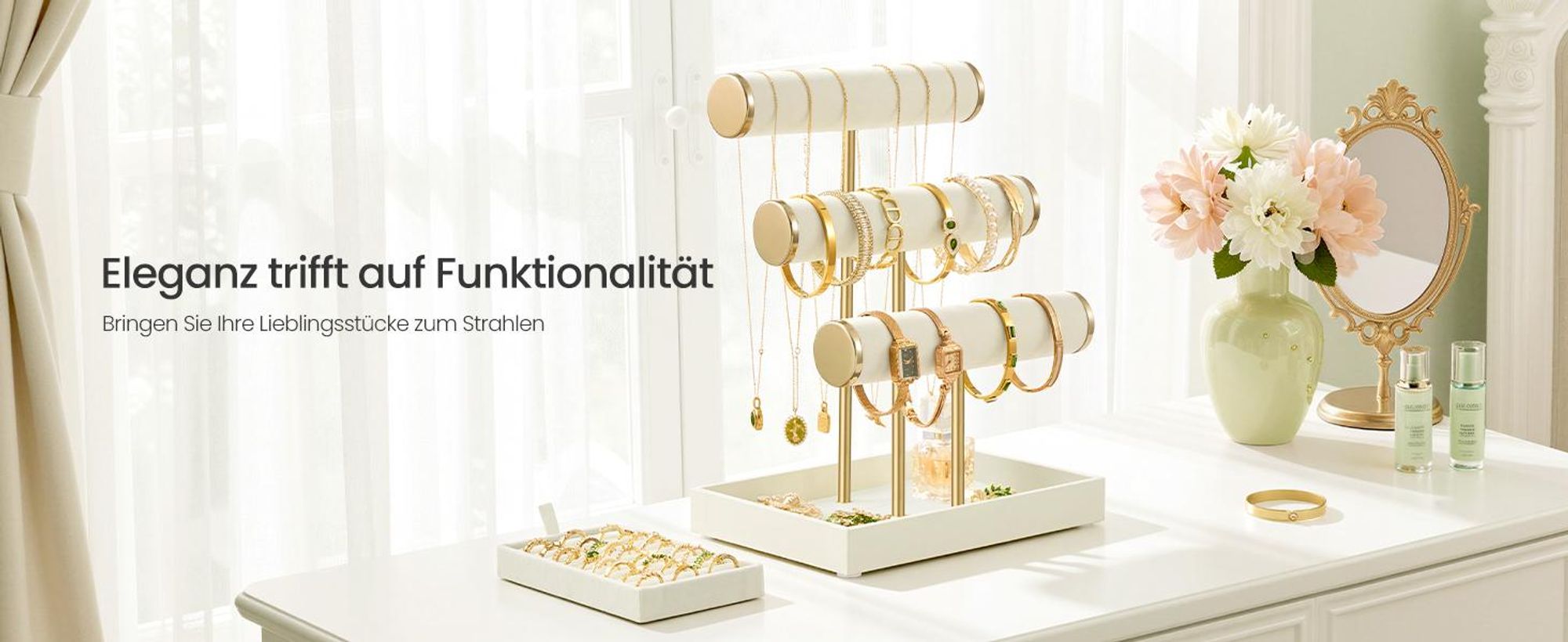 SONGMICS Schmuckhalter, Schmuckständer, 3 Armbandhalter, Schmuck-Organizer, mit Tablett aus Samt, mit Ringhalter, weiß-gold