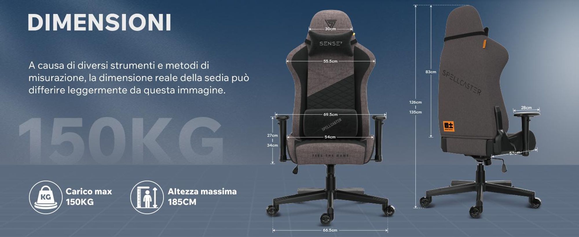 SENSE7 Žaidimų kėdė Sense7 Spellcaster Senshi Edition fabric Gaming Chair, Pilka