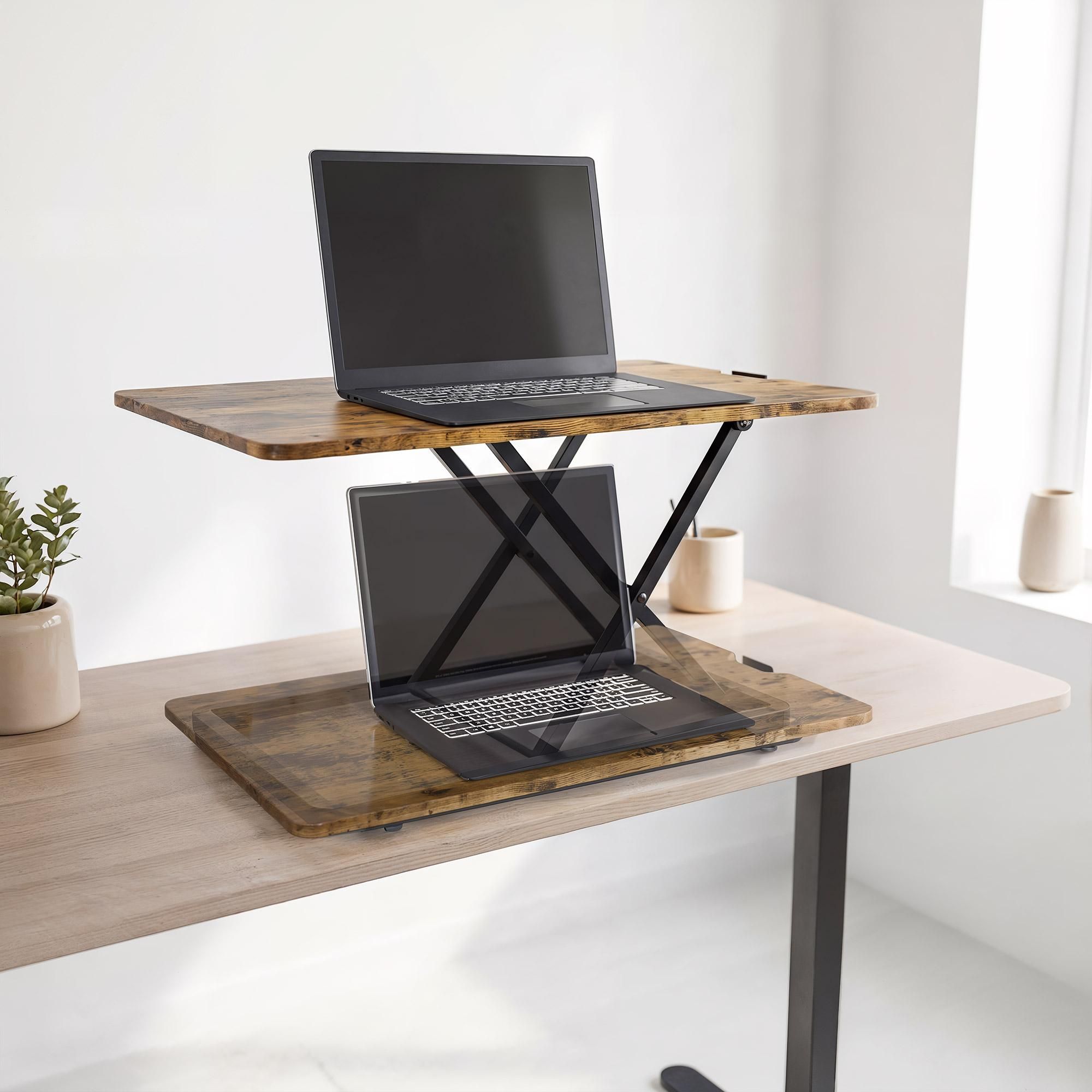 di volio Schreibtischaufsatz DV-192ODC – höhenverstellbarer Standing Desk Converter mit mechanischer Feder, kompakter Tischaufsatz für ergonomisches Arbeiten (Braun)