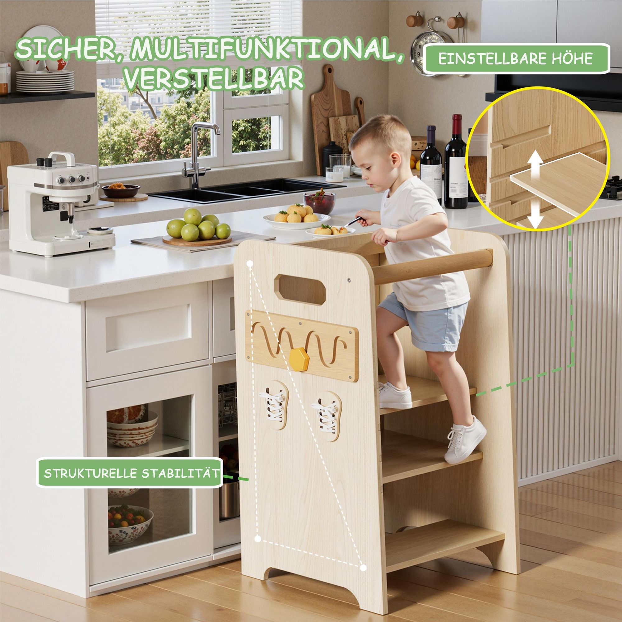 Montessori Lernturm 4-in-1 aus Holz, Höhenverstellbarer Learning Tower mit Rutsche, Tafel & Sicherheitsbügel, Kippsicherer Küchenhelfer für Kinder