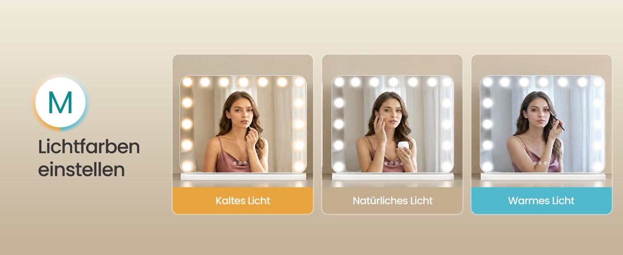 SONGMICS Kosmetikspiegel mit Beleuchtung, 15 LEDs, Dimmbar, 3 Lichtfarben, 48 x 58 x 5,7 cm, Weiß
