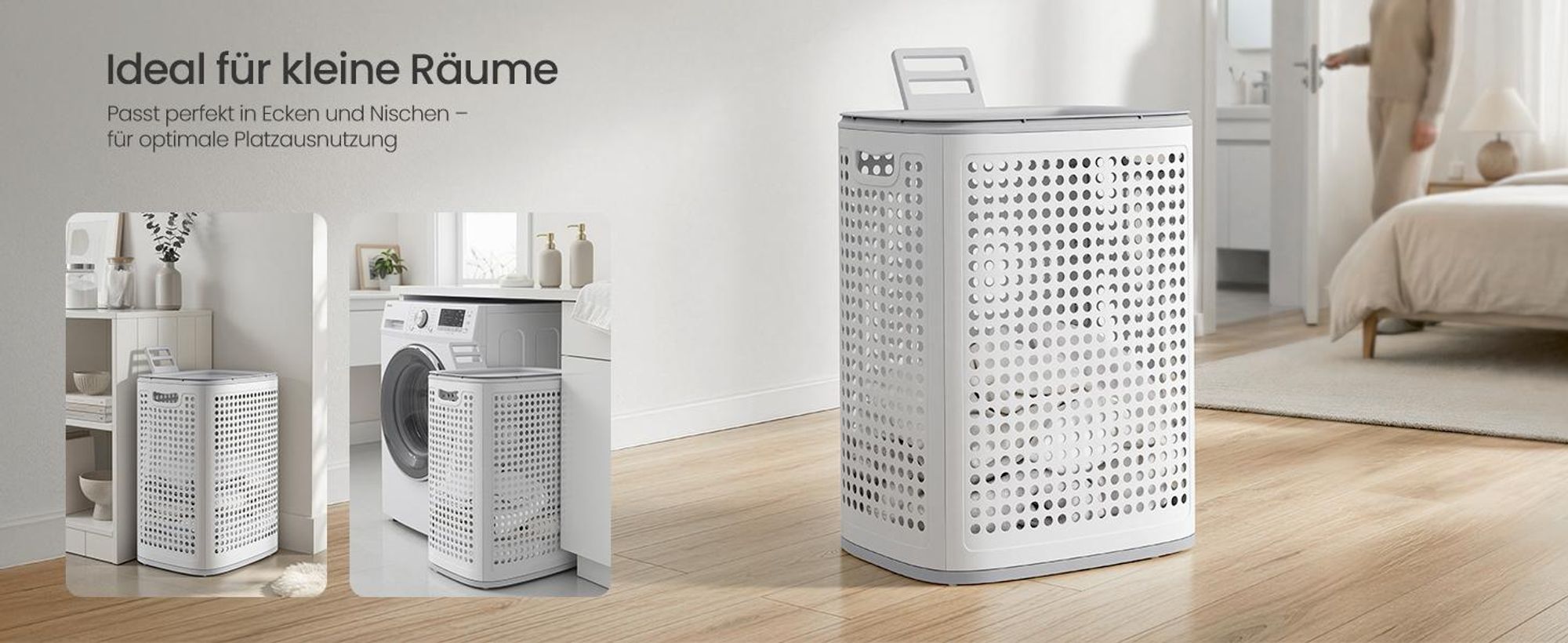 SONGMICS Wäschekorb Plastik, 75 L Wäschesammler, Wäschebox mit Deckel, schmale Wäschetonne für Bad, Waschküche, weiß-grau