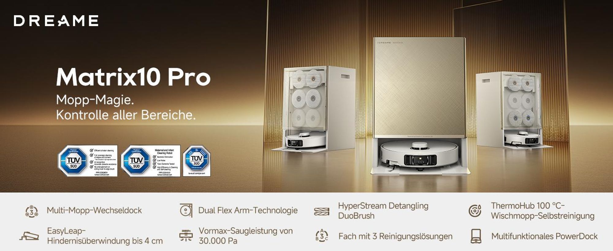 Dreame Matrix 10 Pro Saugroboter mit Wischfunktion,30KPa Saugleistung,AI RGB,3D Laser,100°C Selbstreinigung,0-Tangle System,Mop-Wechselstation,Weiß