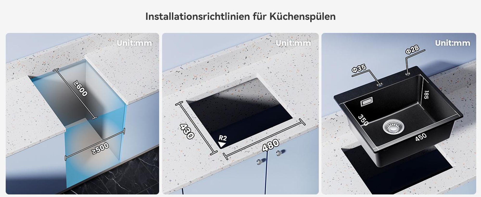 Granitspüle Küchenspüle Granitspüle Küchenspüle 50 x 45 cm Einbauspüle Spülbecken Einzelspüle Mit Siphon Abtropffläche schwarz