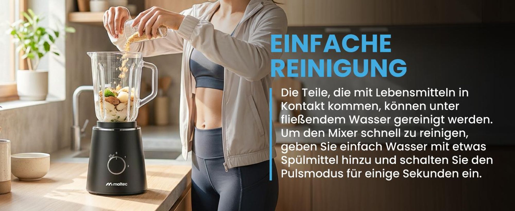 MalTec Standmixer Glas 1,5 L mit 500 ml To-Go-Flasche 1000W 6 Edelstahlklingen, 2 Geschwindigkeiten und Pulsfunktion, rutschfeste Füße  für Smoothies Suppen