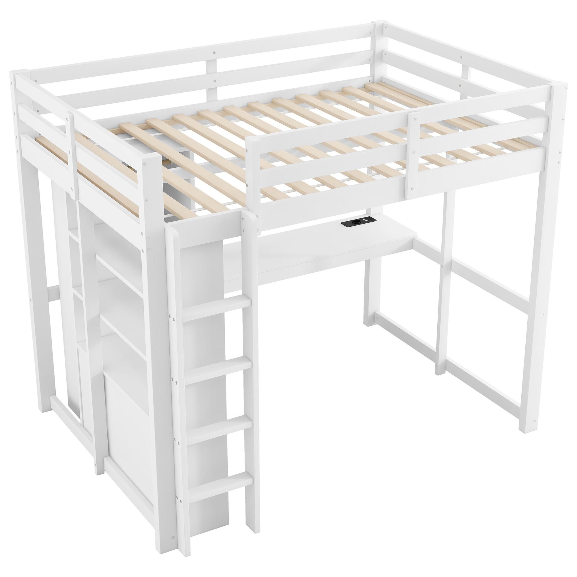 Flieks Etagenbett 140x200cm mit Kleiderschrank und Stange, Hochbett Kinderbett mit Led und Ladefunktion, Jugendbett mit Schreibtisch und Schrank, Weiß
