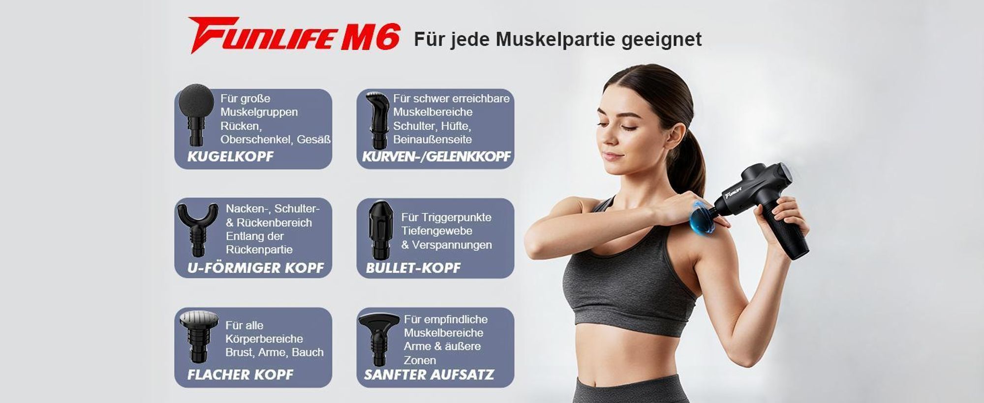 FunLife M6 Massagepistole & Faszienpistole – 12 mm Amplitude, 3200 U/min, 10 Stufen, 6 Massageköpfe, USB-C, leise <45 dB,LED, USB-C, Platinum Gray