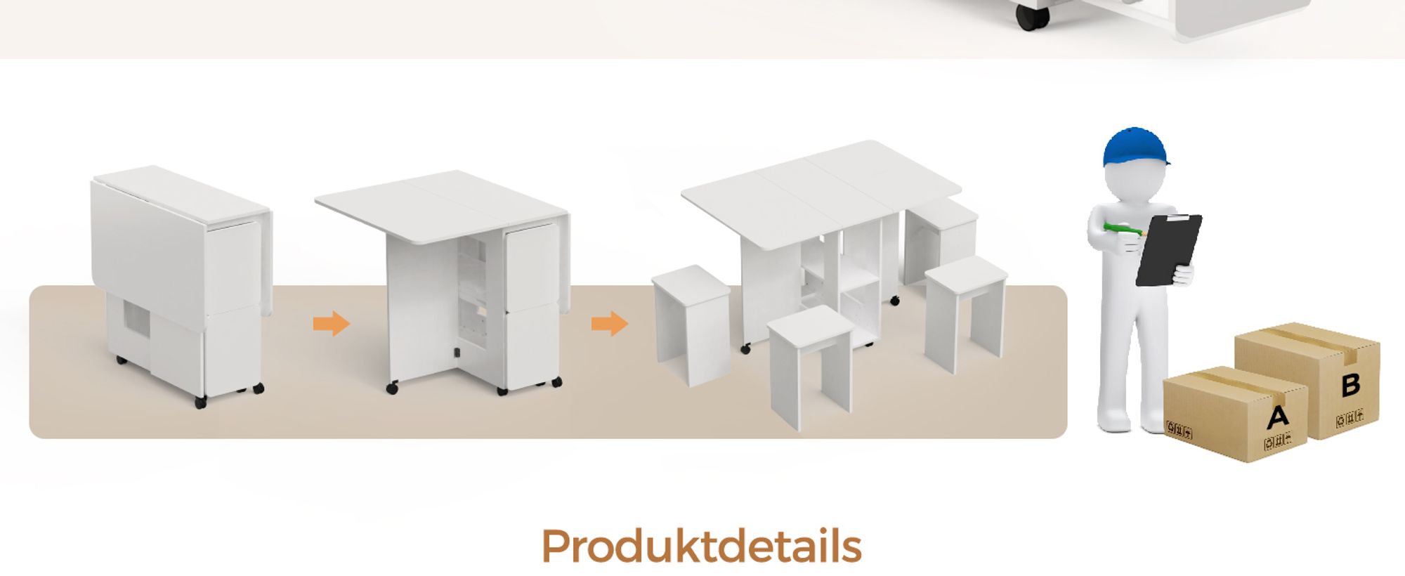 Mondeer Esstisch mit 4 Hockern Platzsparend (120x80→33x80cm), Rollbar mit Bremsen, 3-in-1 Funktion & Schnell Aufgebaut Weiß