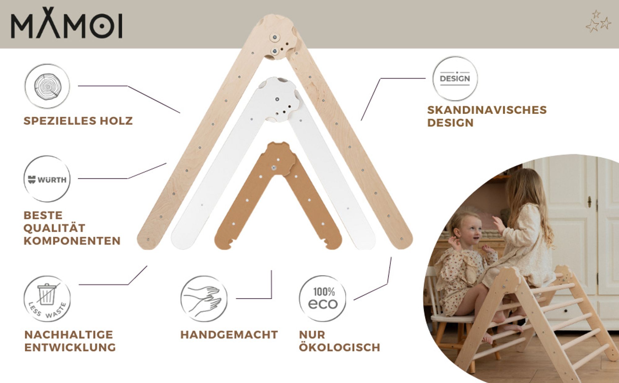 MAMOI® Klettergerüst indoor, Kletterdreieck aus holz, Baby kinder klettern, Kletterturm, Kletterbogen, Mini Holzbogen für spielplatz ab 1/2/3 jahre
