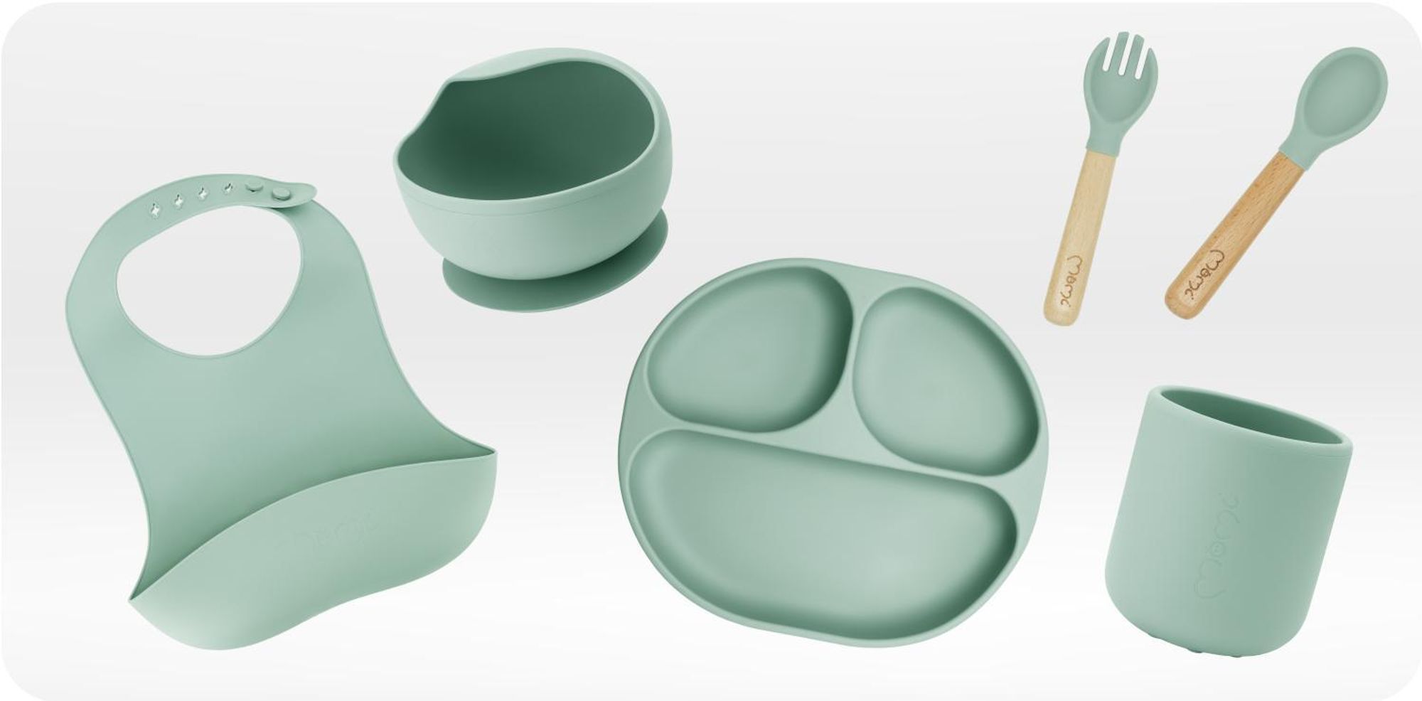 MoMi AMI - Kindergeschirr Set Silikon - Essensset für Kinder – Holz - BPA-frei - Grün