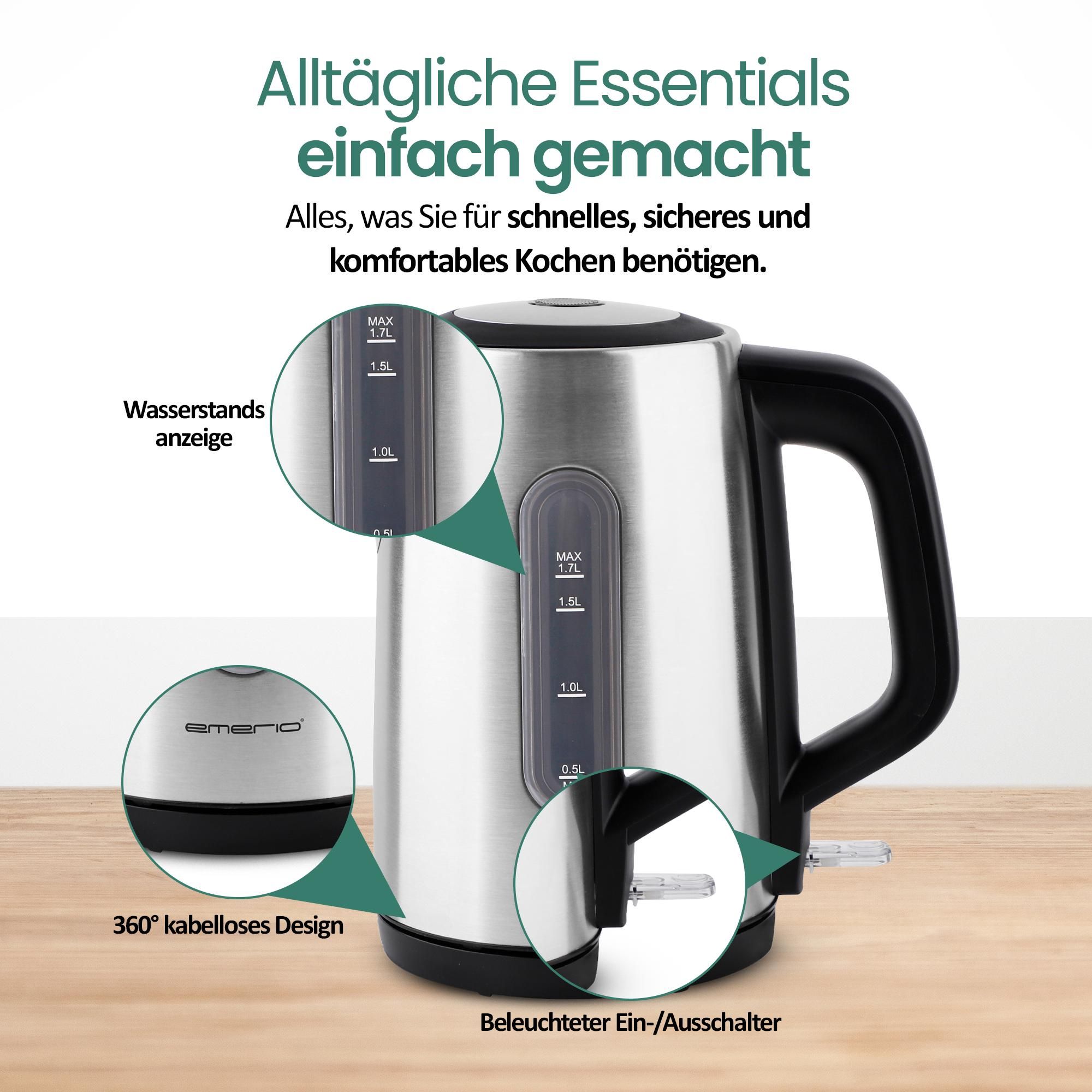 Emerio Wasserkocher 3000 W – 1,7 L – Wasserstandsanzeige – Verdecktes Heizelement – Automatische Abschaltung – 360° kabelloses Design – WK-133040