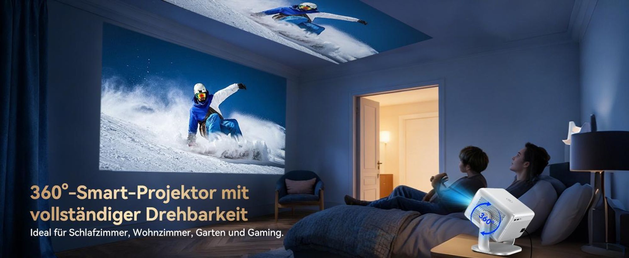 Blackview-Huidun PT10 Beamer, 25000 Lumen, 1080P Native, 4K, Google TV, 360° Deckenprojektion, KI Autofokus, WiFi 6, 10W HiFi, Tragbares Heimkino