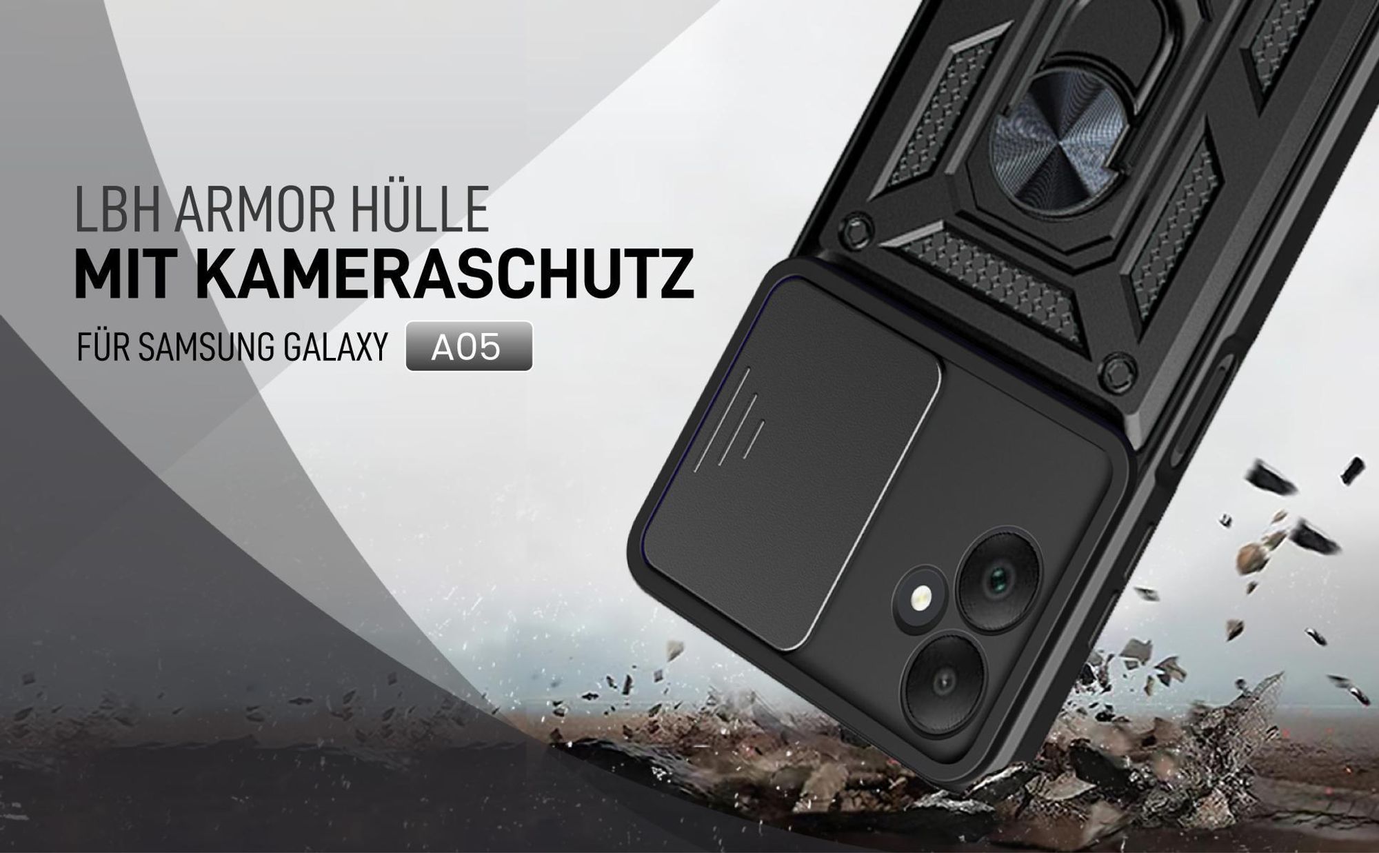 Schwarze Outdoorhülle mit Kameraschutz für Samsung Galaxy A05