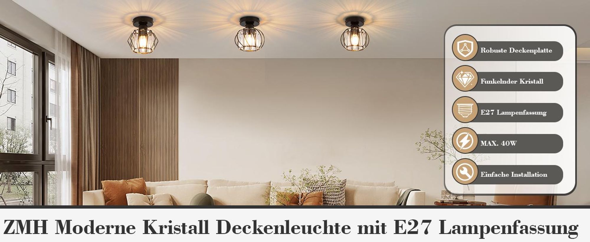 ZMH Plafondlamp Kristal, ganglamp, E27, zwart. Plafondlamp met metalen frame, geschikt voor keuken, gang, balkon, woonkamer, hotel