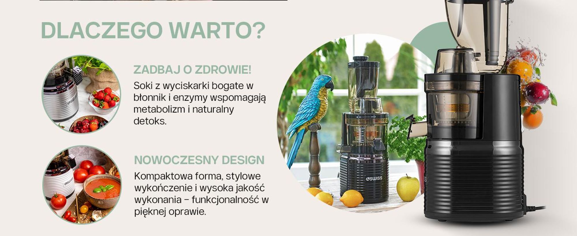 4Swiss BM202 - wolnoobrotowy wyciskarka do soków, biała. Zimnowarząca wyciskarka, idealna do owoców i warzyw, duży otwór wsadowy, wolna od BPA. Cicha, profesjonalna maszyna do smoothie i soków, 200W