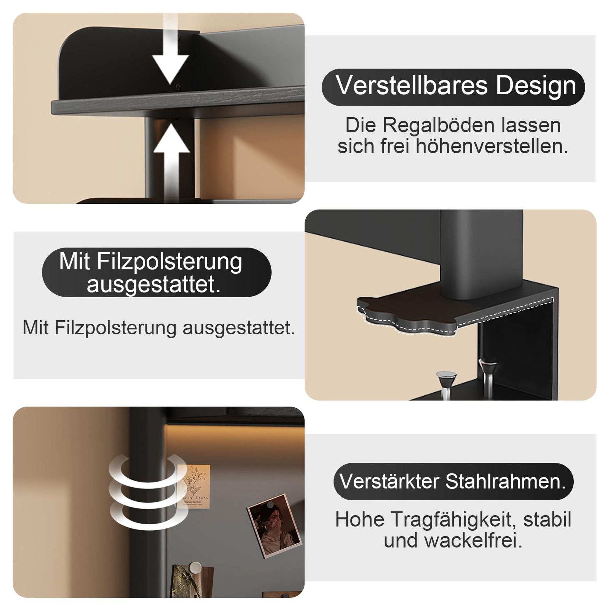 TWSOUL Bücherregal Tisch-Organizer ohne Bohren, Multifunktionales Regal mit Klemmbefestigung, Doppeltem Fallschutz, Haken & Magnettafel,Schwarz