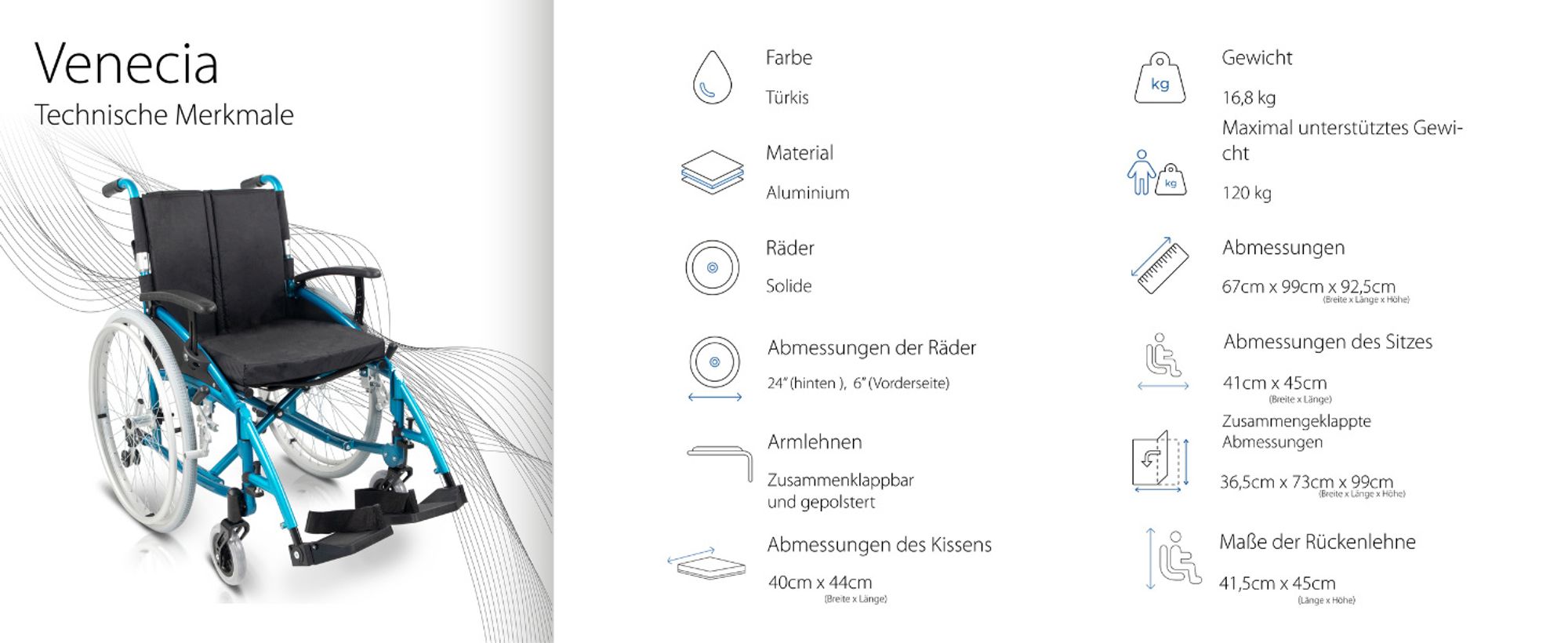 Rollstuhl Faltbar Aluminium Leicht Manuell Mit Bremsen Klappbare und geteilte Rückenlehne Faltrollstuhl Blau Venecia Mobiclinic