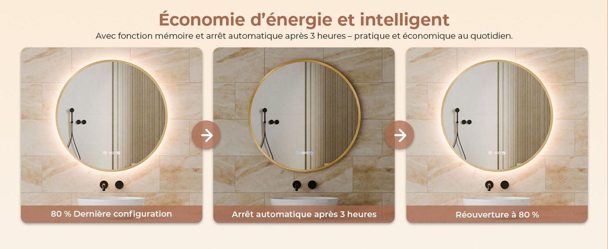S'AFIELINA miroir salle de bain LED 60 cm rond, tactile, anti-buée, variateur, horloge, température, mémoire, bordure dorée.