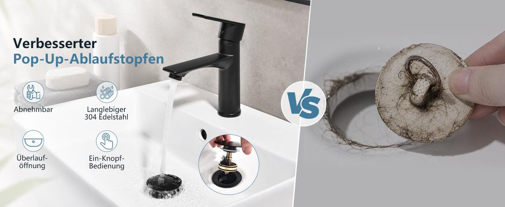 Homelody Wasserhahn Bad Schwarz +Universal Ablaufgarnitur Schwarz, Armatur Mischbatterie Waschbeckenarmatur mit Pop-Up Ventil Edelstahl Messing