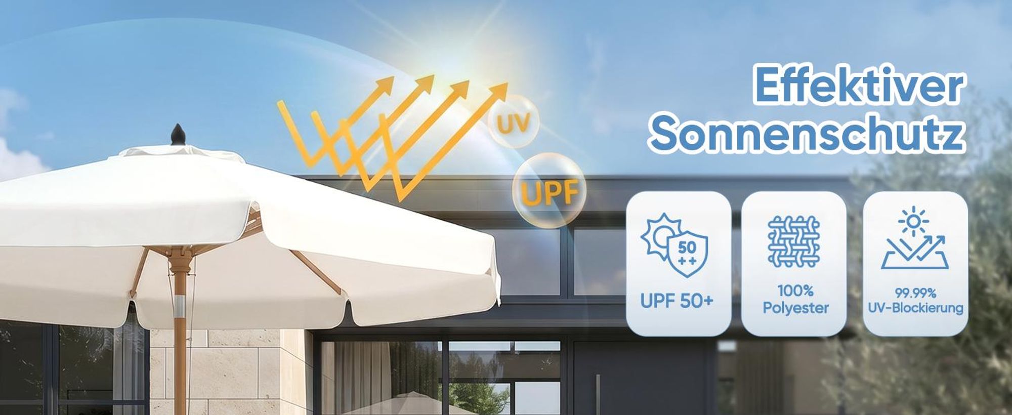 Sekey Balkonschirm 200 cm Ø Holzoptik, Knickbar, Stabiler Gartenschirm, UV-Schutz 50+, Sonnenschirm für Terrasse und Hof, Creme